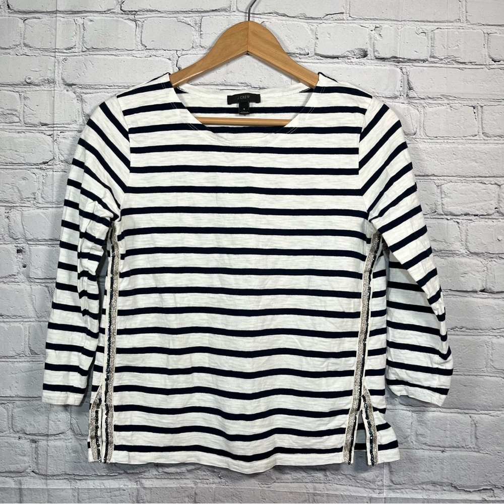 J. Crew Striped Shirt Top Womens Size Small Blue White Long Sleeve Sequins